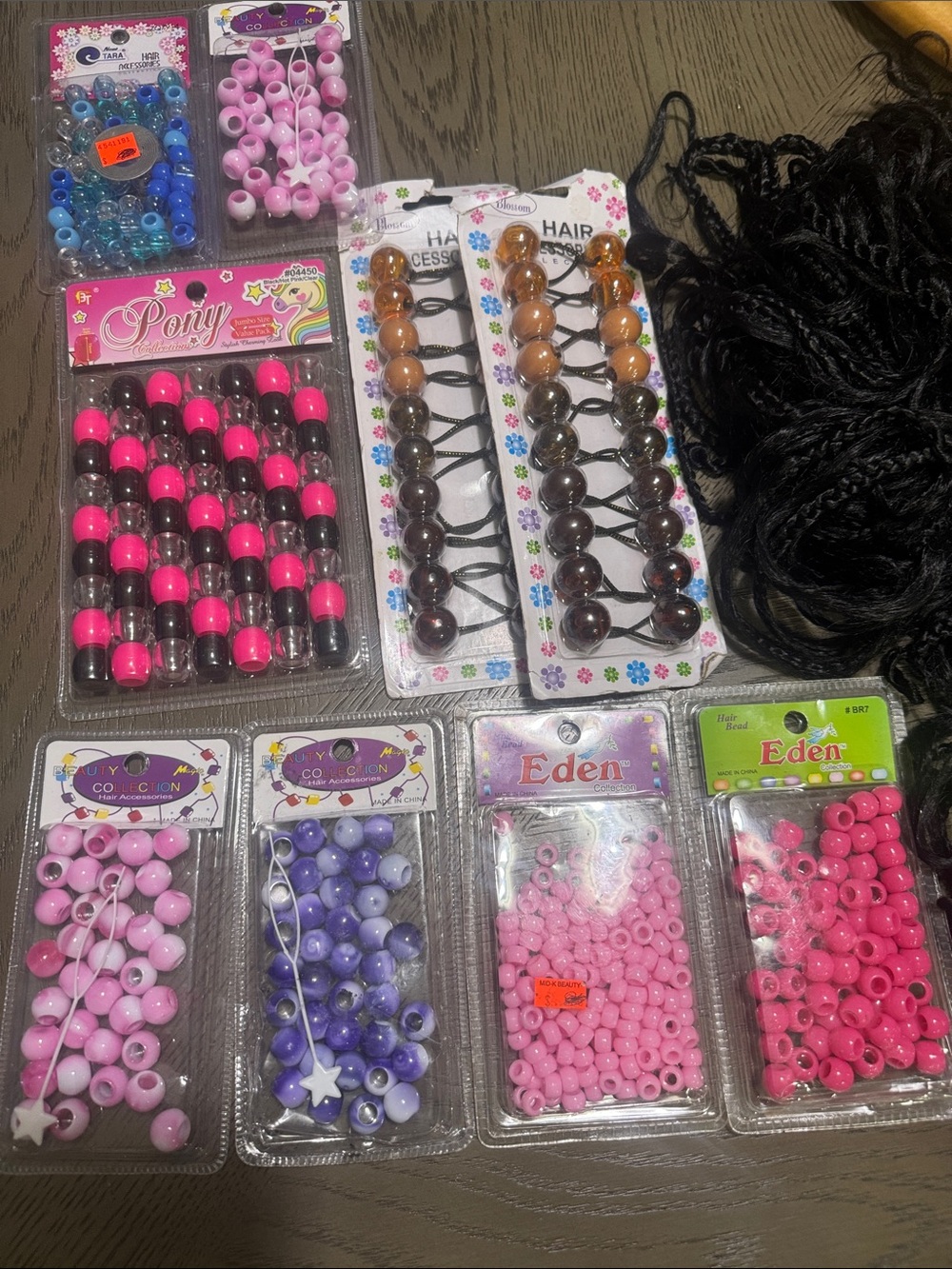 Lot of Kids Hair Beads Pack - Pink, Purple, Blue, Brown and black braids